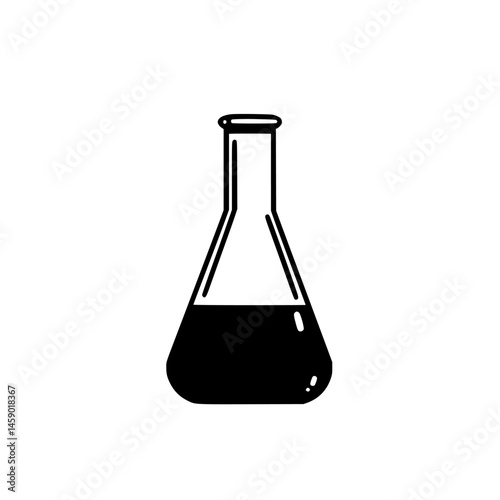 Flat black icon of a laboratory flask containing liquid for scientific illustration and design purposes