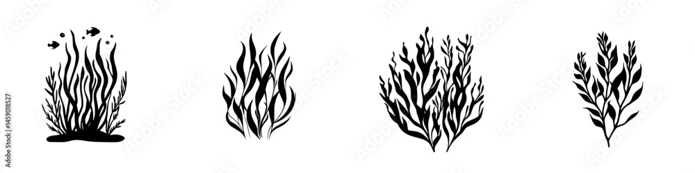 Obraz premium Collection of flat black icon designs representing various aquatic plants and underwater flora