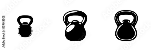Collection of flat black kettlebell icons for fitness and workout design