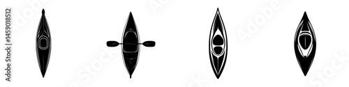 Various flat black kayak icons designed for water sports and outdoor activities showcasing different perspectives in a minimalist style