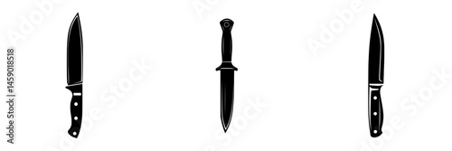Various flat black knife icons representing different types of kitchen and utility knives for graphic design purposes