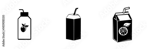 Flat black icons representing juice containers with fruit designs showcasing different shapes for beverages