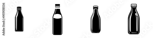 Milk bottle icons in flat black style representing different orientations and contents for diverse design needs