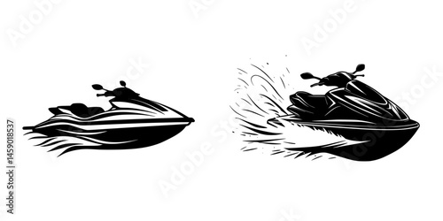 Flat black icon of a jet ski with motion effects illustrating speed and water action