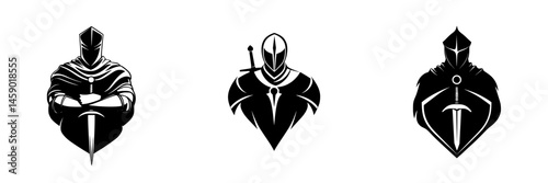 Stylized flat black icons representing warriors with swords showcased in a minimalistic design