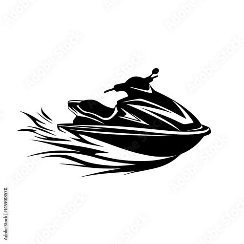 Flat black icon of a jet ski in motion on water with stylized waves and speed lines