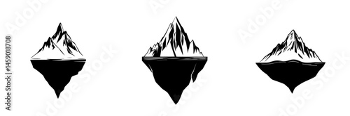 Flat black icon representing floating mountains and icebergs with jagged peaks and a solid base, showcasing a unique design in minimalist style