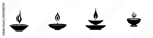 Various flat black icons depicting different types of oil lamps with flames in a minimalist design