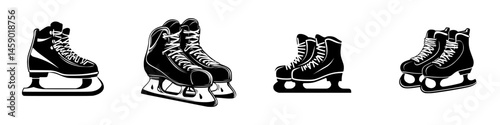Collection of flat black ice skate icons representing different styles and designs for winter sports enthusiasts