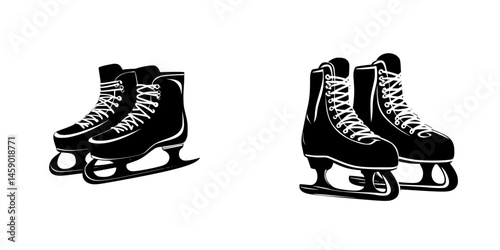 Flat black icon of two pairs of ice skates, showing detailed design and structure for winter sports enthusiasts