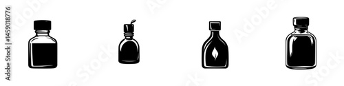 Flat black icons of various bottle designs suitable for graphic design and digital projects