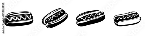 Black icon representation of hot dogs showcasing various designs and styles in a minimalist flat design