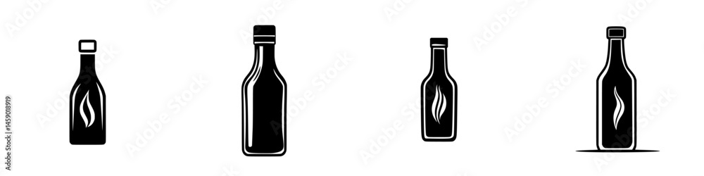Different styles of flat black bottle icons arranged in a row, showcasing a variety of designs and sizes for graphic use Different styles of flat black bottle icons arranged in a row, showcasing a variety of designs and sizes for graphic use