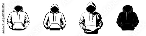 Flat black hoodie icons displayed in various styles for creative projects and design applications