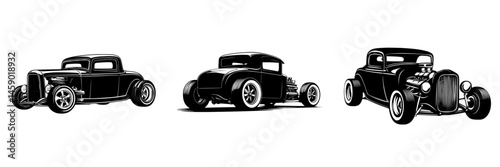 Flat black icon featuring vintage race cars showcasing classic automobile design and style