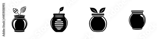 Stylish collection of black icons depicting various potted plants and jars for decoration and design projects