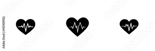 Stylized flat black heart icons with heartbeat lines representing health and wellness concepts