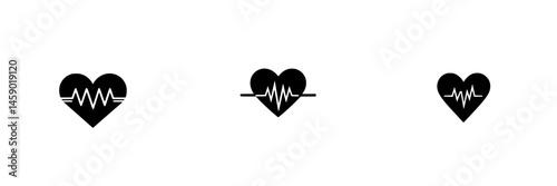 Flat black heart icons with heartbeat lines depicting health and wellness symbols
