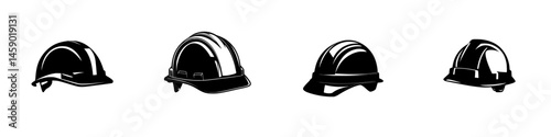 Different styles of flat black hard hats designed for construction and safety purposes displayed in a minimalistic arrangement