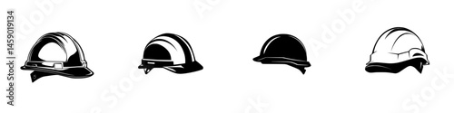 Different styles of flat black hard hats in construction design for worker safety