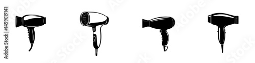 Icon set of flat black hair dryers in various styles representing grooming tools for personal care and beauty