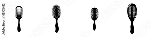 Collection of flat black hairbrush icons suitable for various styling and grooming applications