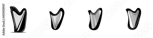 Flat black harp icon series showcasing different angles and designs for musical representation and artistic use