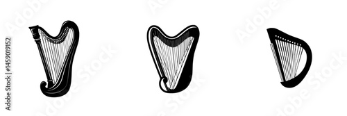 Elegant flat black harp icons representing musical instruments suitable for design applications and creative projects