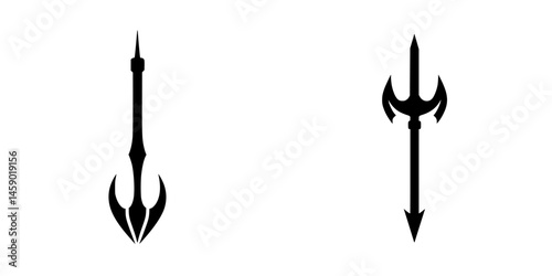 Flat black icons of a trident and spear representing tools and symbols of combat and mythology