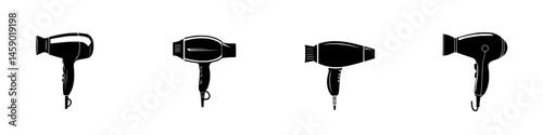 Various designs of flat black hair dryers displayed side by side showcasing different shapes and features for hair styling