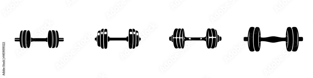 Fototapeta premium Black icon set featuring various dumbbell designs for fitness and weightlifting enthusiasts showcasing exercise equipment