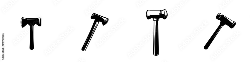 Black flat icon of various hammer designs illustrating basic tool shapes for construction and repair activities