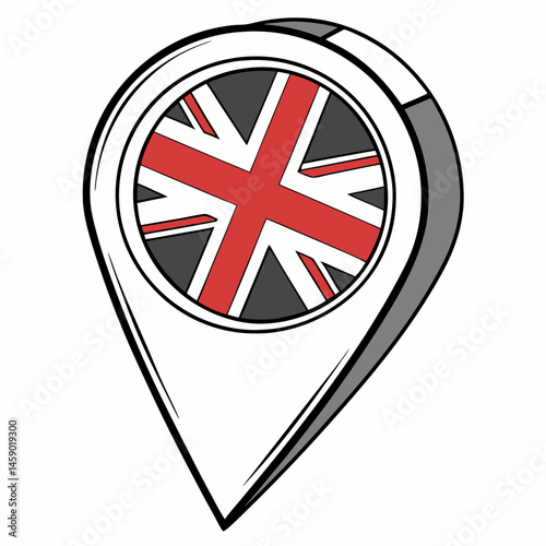 Free Download Vector map pin icon featuring the British flag (Union Jack) for tourism, travel, or navigation themes, isolated on a white background.  - GFXLoad