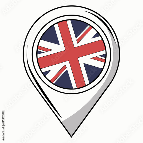 Free Download Vector map pin icon featuring the British flag (Union Jack) for tourism, travel, or navigation themes, isolated on a white background.  - GFXLoad