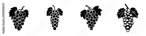 Collection of flat black grape icons showcasing different bunches and vine leaves in a minimalist style