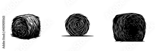 Flat black icon depicting three different variations of hay bales arranged in a row against a white background