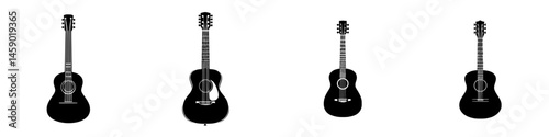 Set of flat black guitar icons representing different styles and designs for musicians and enthusiasts of all kinds