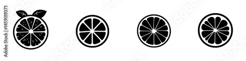 Flat black icons of lemon slices showcasing various stages of detail for graphic design applications