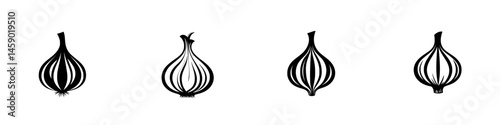 Icons representing garlic bulbs in a flat black style for culinary and graphic design use
