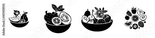 Creative flat black icon showcasing a variety of fruits in decorative bowls arranged in a visually appealing layout