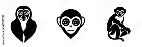 Stylized black monkey icons representing different species and expressions in a minimalist design setting