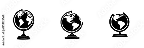 Flat black globe icons depicting various views of the Earth in a minimalistic design