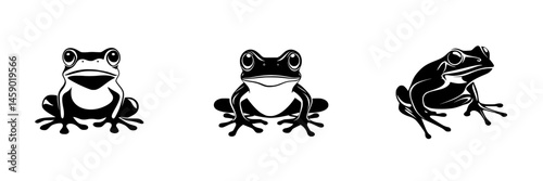 Flat black icon of three distinct frog illustrations showcasing various poses and characteristics in a minimalist design photo