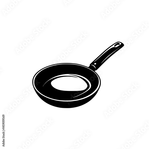 Black flat icon of a frying pan with a handle showcasing its minimalist design and functional form for culinary illustrations and graphic use