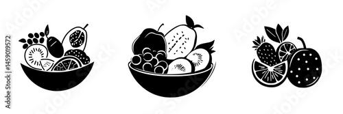 Fruit bowls icon set featuring diverse fruit styles in a flat black design suitable for digital and print use