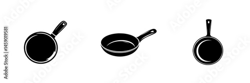 Flat black cooking icon representing various frying pans and skillets used in kitchen preparation