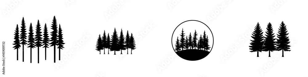 Fototapeta premium Various flat black icon designs representing trees and forest silhouettes suitable for nature-themed projects