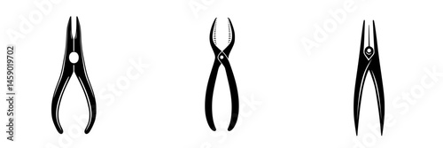 Flat black icons of three types of pliers arranged horizontally on a plain background for tool identification and design purposes