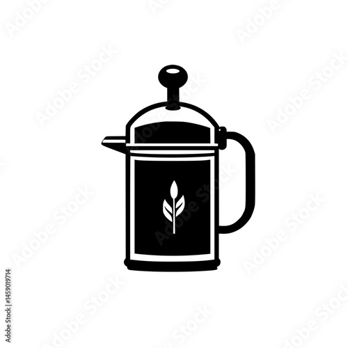 Flat black icon of a French press coffee maker with a floral design in a minimalistic style