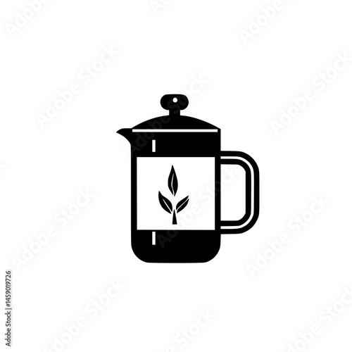 Stylized black icon of a French press with a plant motif, suitable for coffee and tea themes